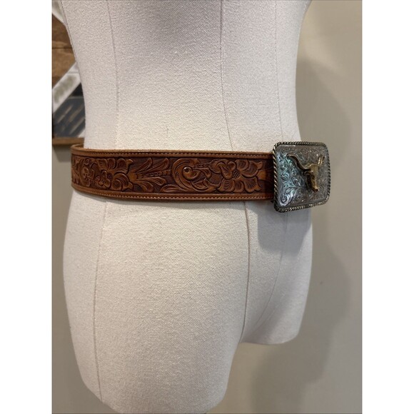 Vintage Polo Ralph Lauren Tooled Leather Silver Plated Longhorn Belt 32 *As-Is* main image 7